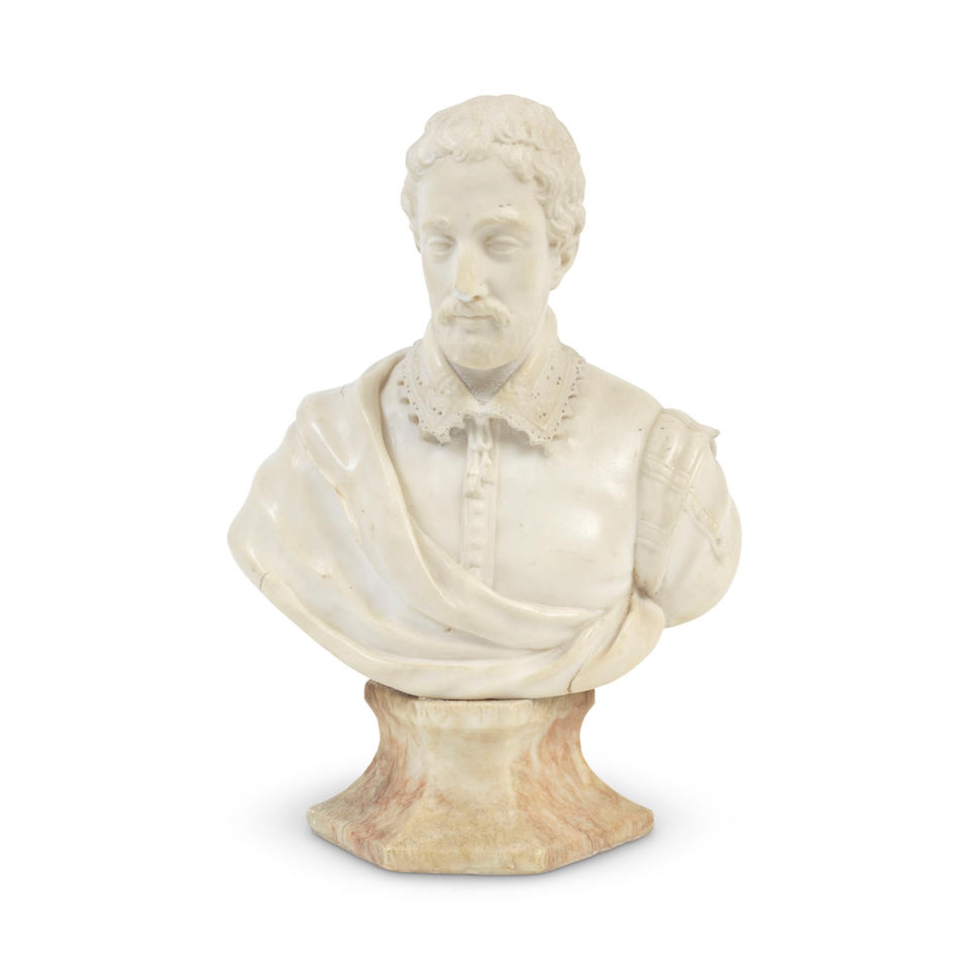 A carved white marble bust of a gentleman in 17th century dress, possibly Henri IVprobably Frenc...