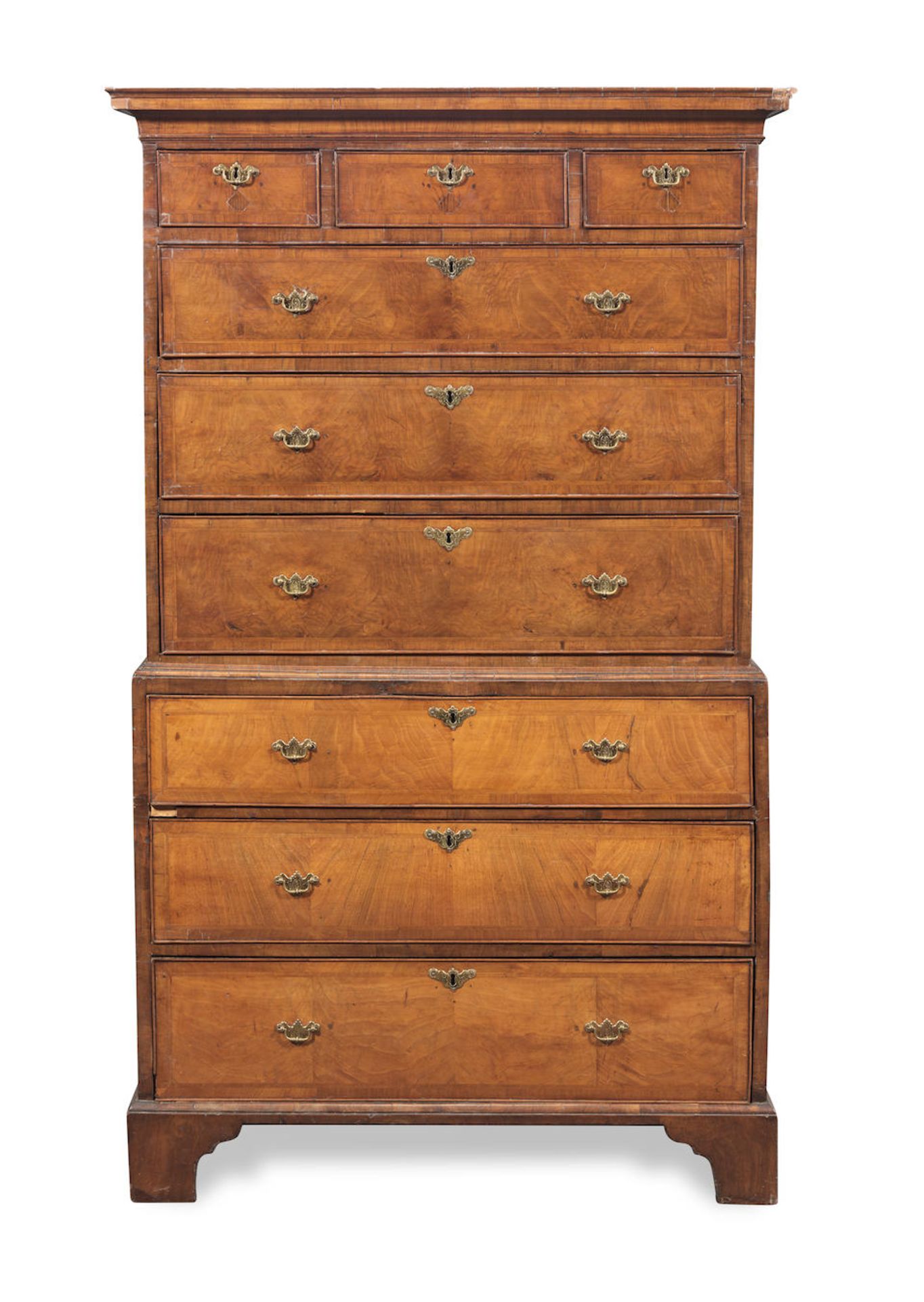 A George II walnut and featherbanded chest on chest