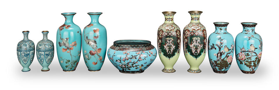 Four Japanese cloisonne vases and a jardinière late Meiji/Taishō period