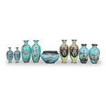 Four Japanese cloisonne vases and a jardinière late Meiji/Taishō period