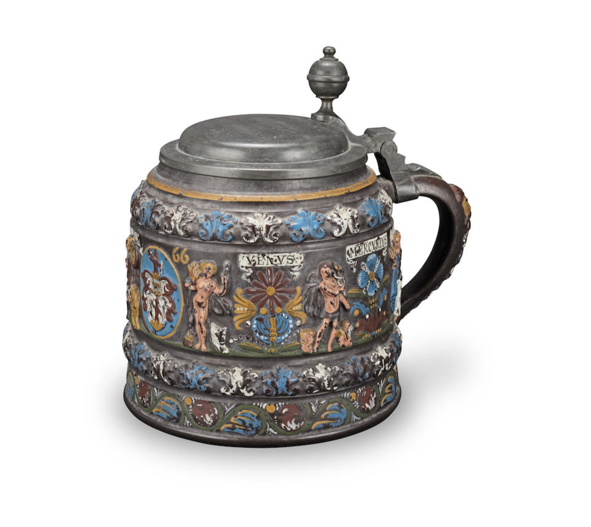 A 19th century pewter mounted Kreussen-ware tankard in the 17th century style