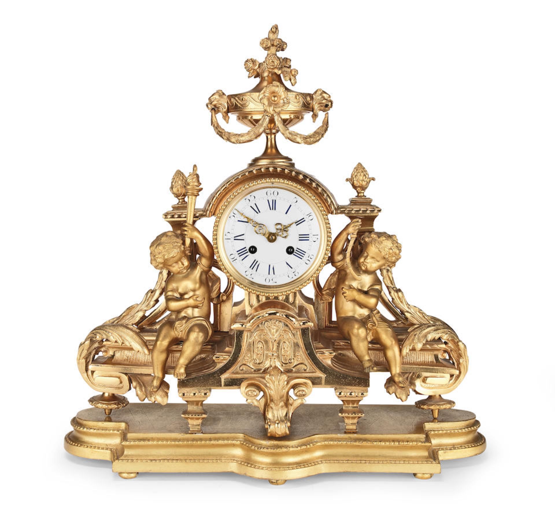 A late 19th century French gilt brass and gilt metal figural mantel clock the movement stamped V...