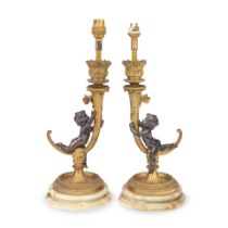 A pair of patinated and gilt metal figural table lamps probably mid 20th century (2)