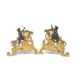 A pair of late 19th century patinated and gilt bronze figural chenet in the Louis XV style (2)