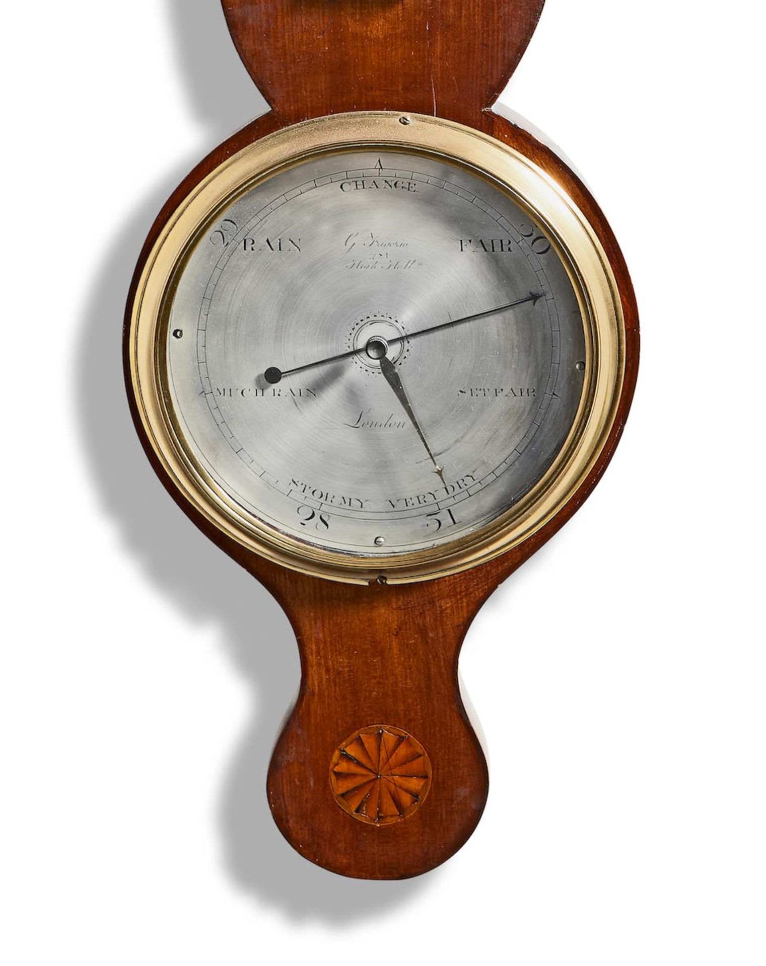A good early 19th century inlaid mahogany wheel barometer signed G. Figerio, 281 High St, Holborn - Bild 3 aus 3