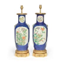 A pair of gilt brass mounted Chinese porcelain vases later adapted as lamp bases the porcelain p...