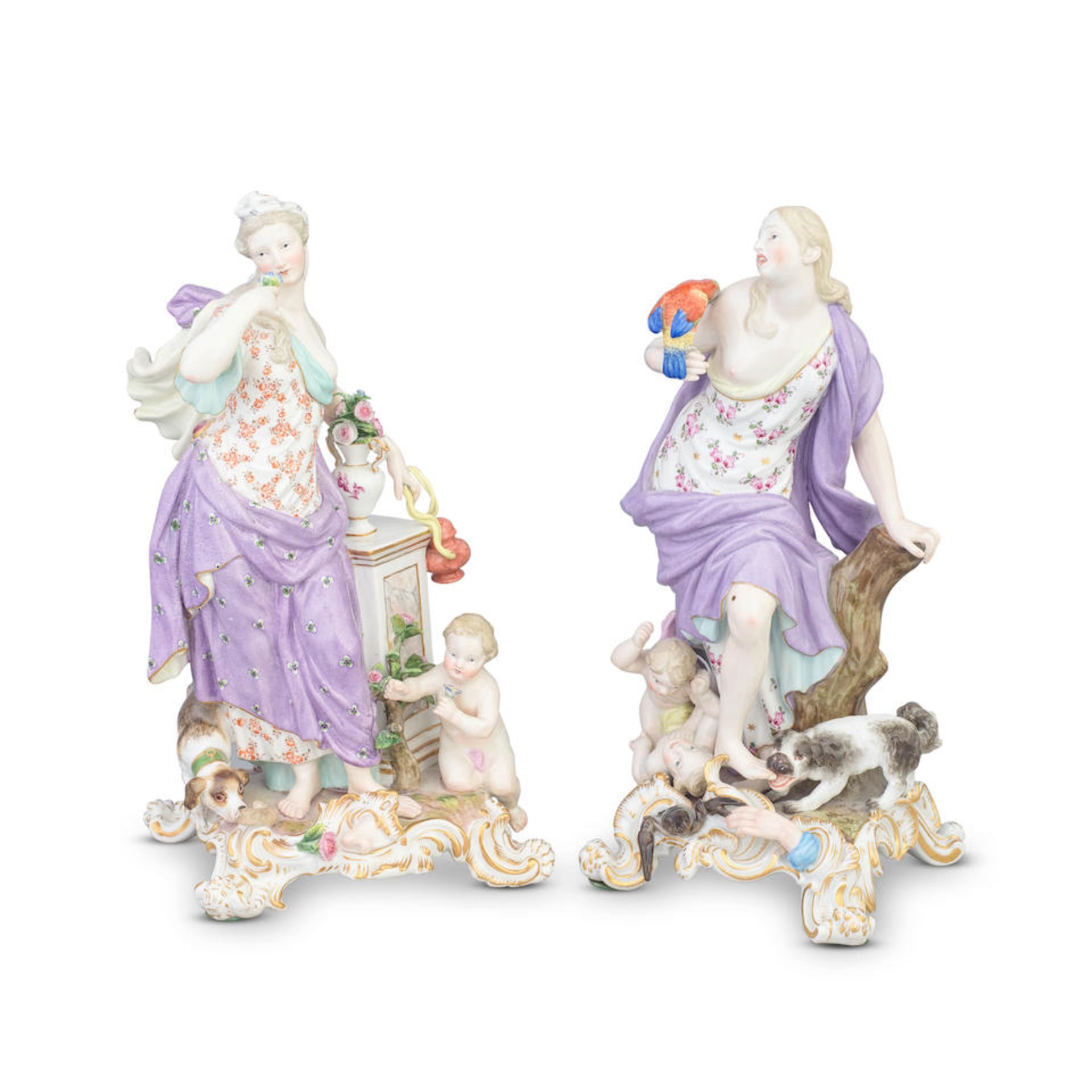 A pair of Meissen porcelain figures from the Five Senses after the models by by J.J. Kändle...