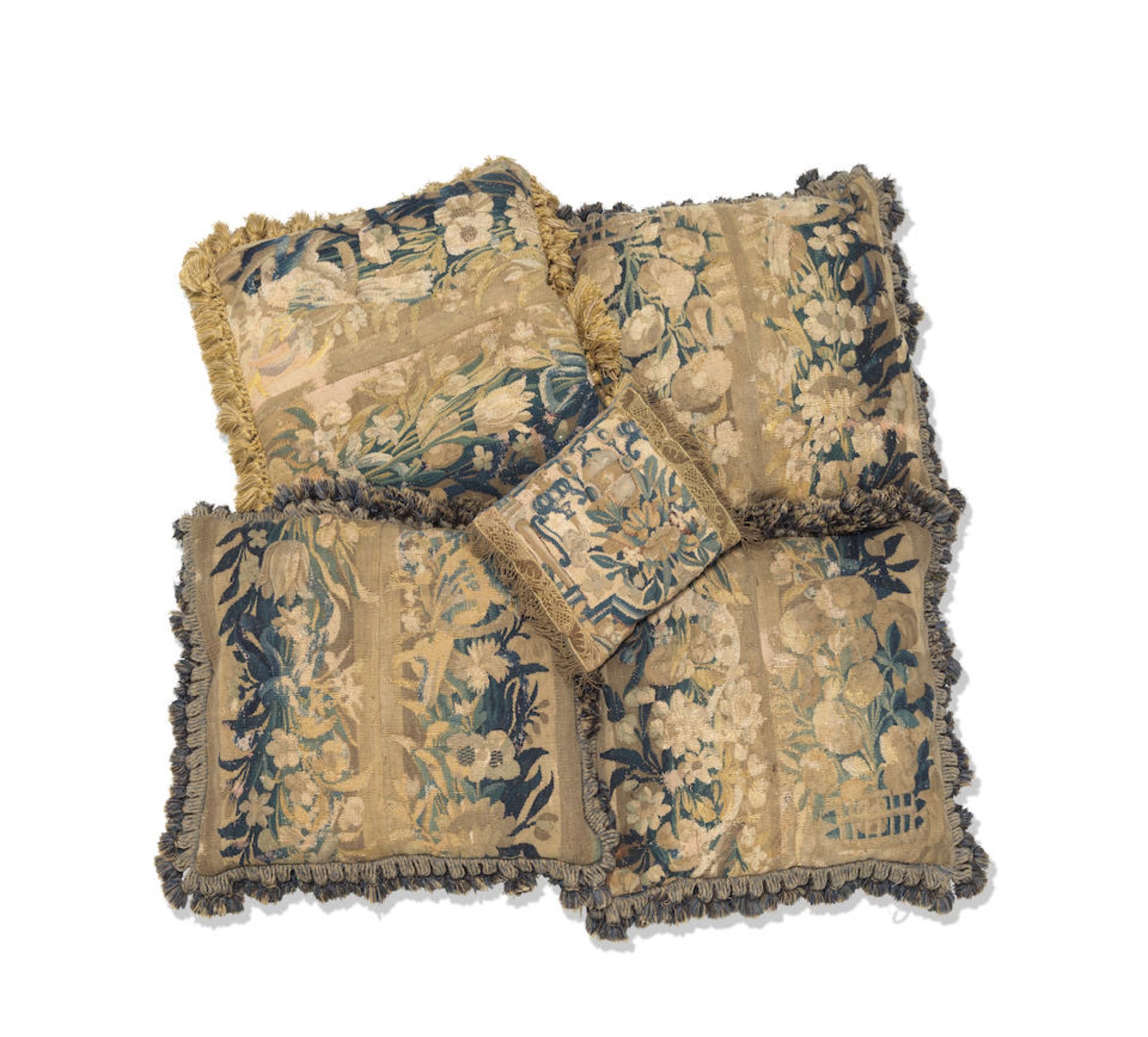 A group of 17th Century Flemish tapestry border fragments made up as cushions (9) - Image 2 of 3