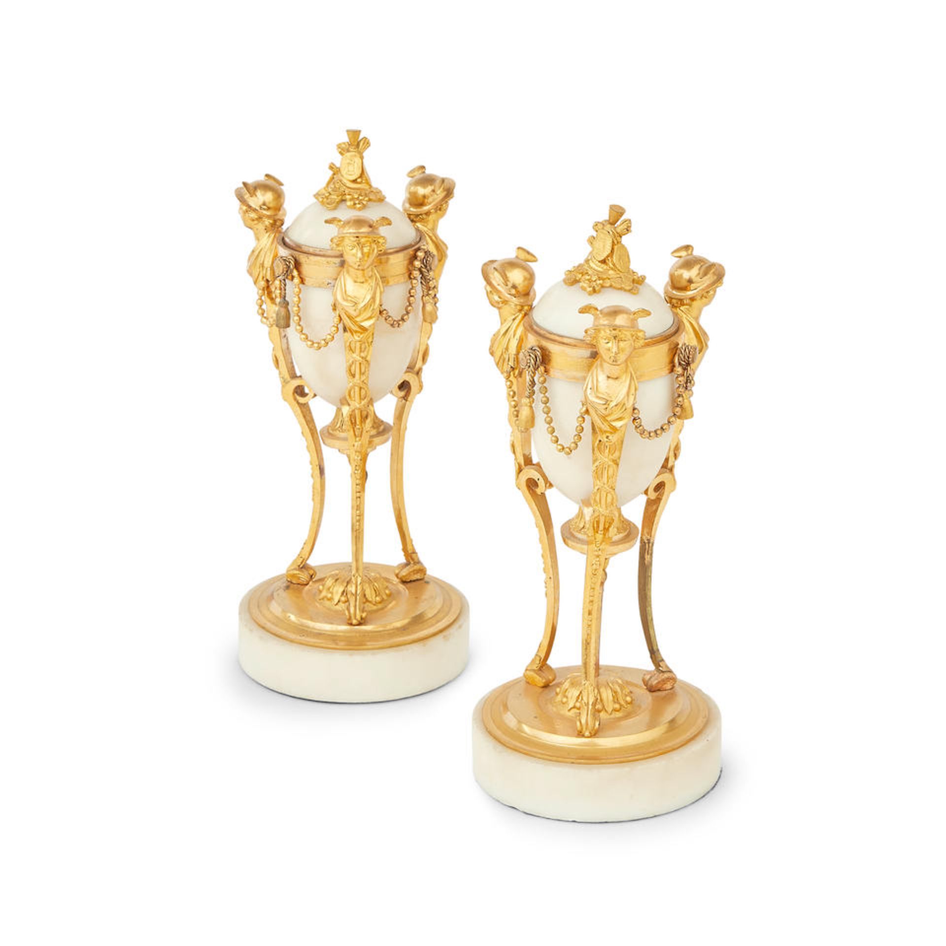 A pair of late Louis XVI ormolu and white marble cassolettes late 18th/early 19th century (2)