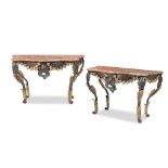 A pair of first half 20th century patinated pressed iron and parcel gilt metal console tables 19...