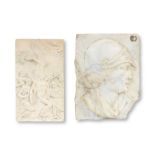 A carved white marble profile portrait relief plaque of classical male together with a carved al...