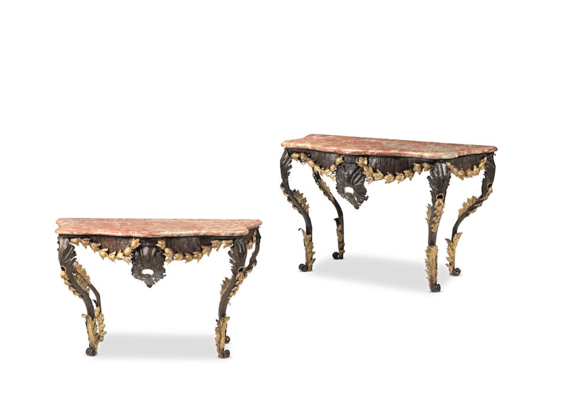 A pair of first half 20th century patinated pressed iron and parcel gilt metal console tables 19... - Bild 2 aus 2