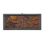 A carved and marquetry inlaid figural frieze panel depicting Bacchus and Ariadne, probably Germa...