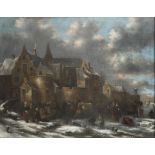 Attributed to Klaes Molenaer (Haarlem circa 1630-1676), A winter scene with figures and horses o...