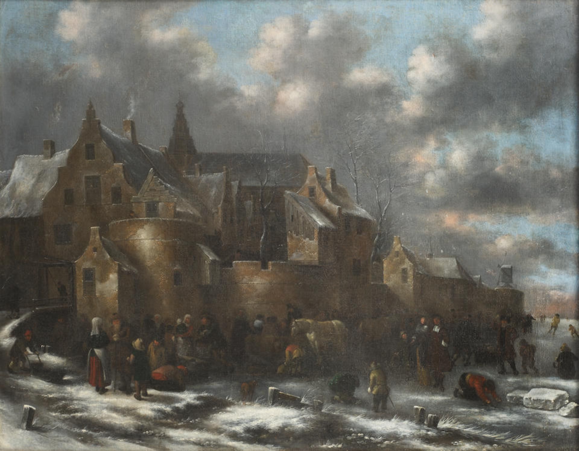 Attributed to Klaes Molenaer (Haarlem circa 1630-1676), A winter scene with figures and horses o...