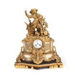 A late 19th century French gilt bronze and white marble figural clock (2)