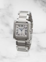 Cartier. A stainless steel automatic calendar bracelet watch Cartier. Montre bracelet en acier a...