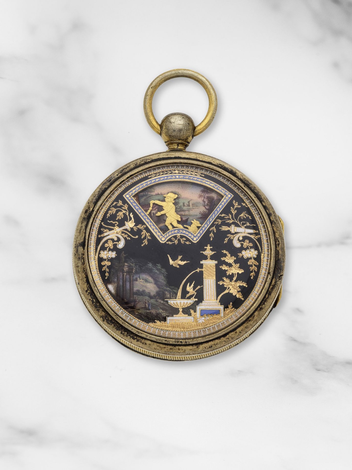 Ls. Duchene & Fils. An unusual and rare gilt metal and enamel decorated key wind open face pocke...