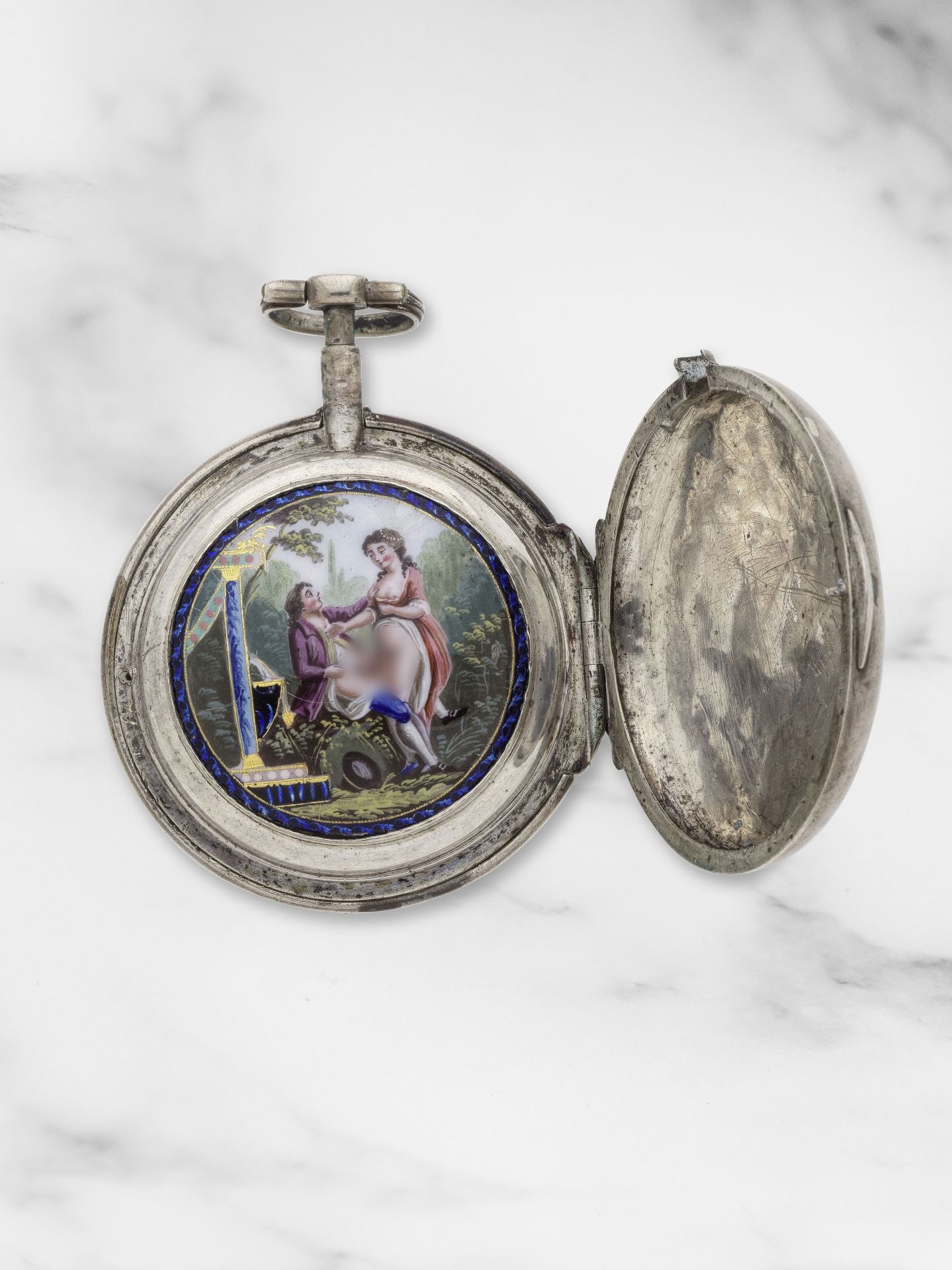 Artus &#224; Geneve. A rare and unusual silver open face key wind pocket watch enamel scene Artu...