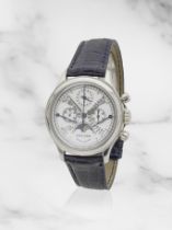 Roger Dubuis. A fine platinum bi-retrograde perpetual calendar manual wind chronograph wristwatc...