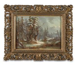 CONTINENTAL SCHOOL, 19TH CENTURY WINTER LANDSCAPE WITH A HUNTER AND DOG