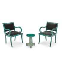 PAIR OF HOLLYWOOD REGENCY FAUX MALACHITE OPEN ARMCHAIRS AND A SIMILAR STAND