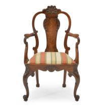 DUTCH BAROQUE-STYLE CARVED MAHOGANY INLAID ARMCHAIR
