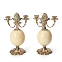 PAIR OF ANTHONY REDMILE SILVER-PLATE-MOUNTED OSTRICH EGG THREE-LIGHT CANDELABRA