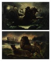 William Spilsbury of Bristol (circa 1832-1907) Lions in wait; The attack, a pair each 31 x 51cm ...