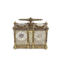 A late 19th century champlev&#233; enamel and gilt brass combination carriage timepiece and baro...