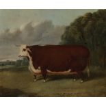 Richard Whitford (British, circa 1821-1890) Hereford prize heifer in a landscape