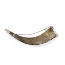 A white metal mounted powder horn