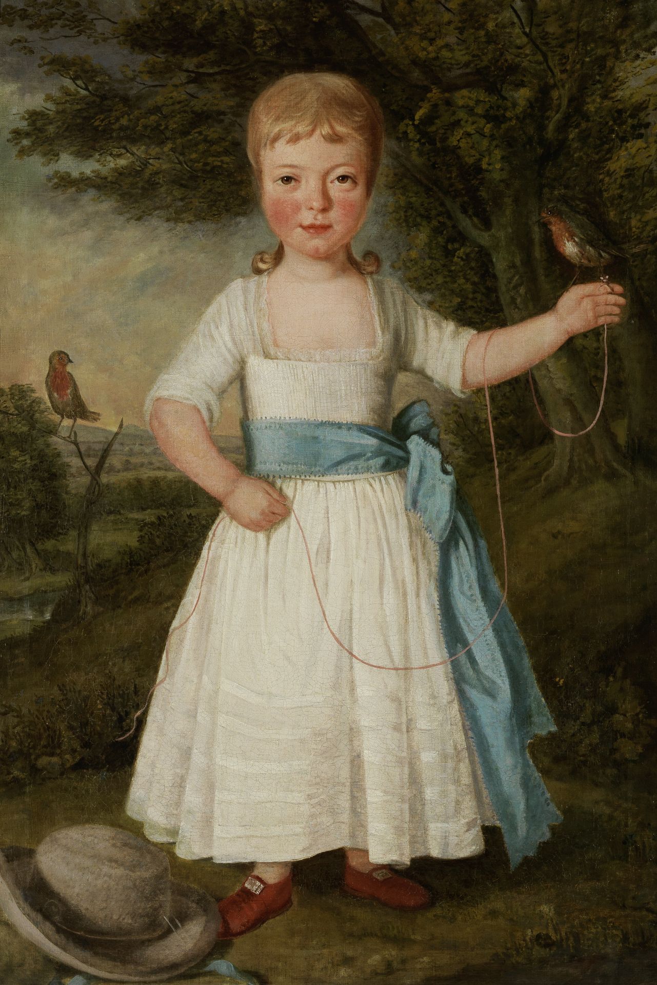 British School, 18th century Portrait of a young girl with robins