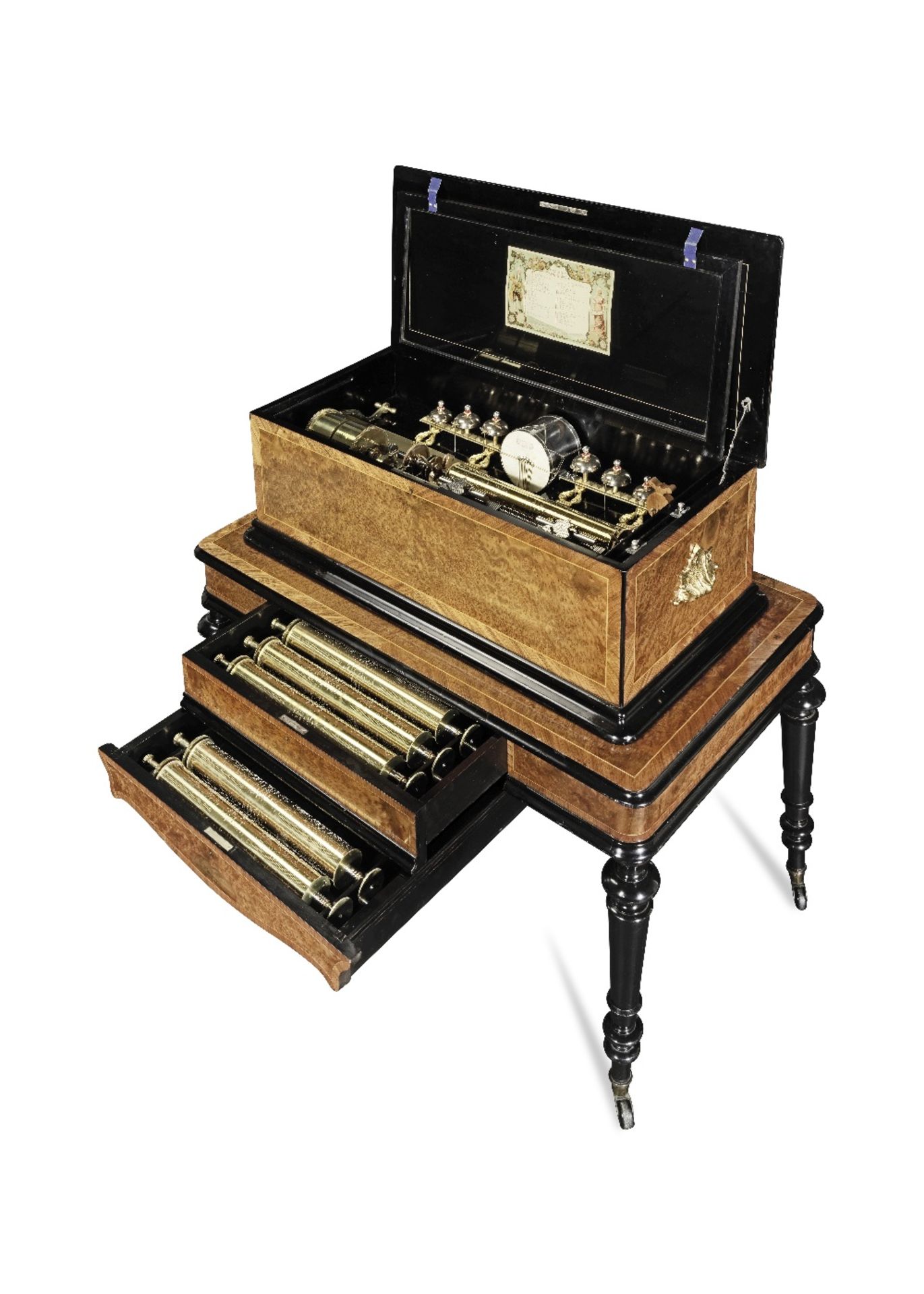 A fine Thomas Dawkins orchestral interchangeable cylinder musical box on stand, Swiss, late 19t...