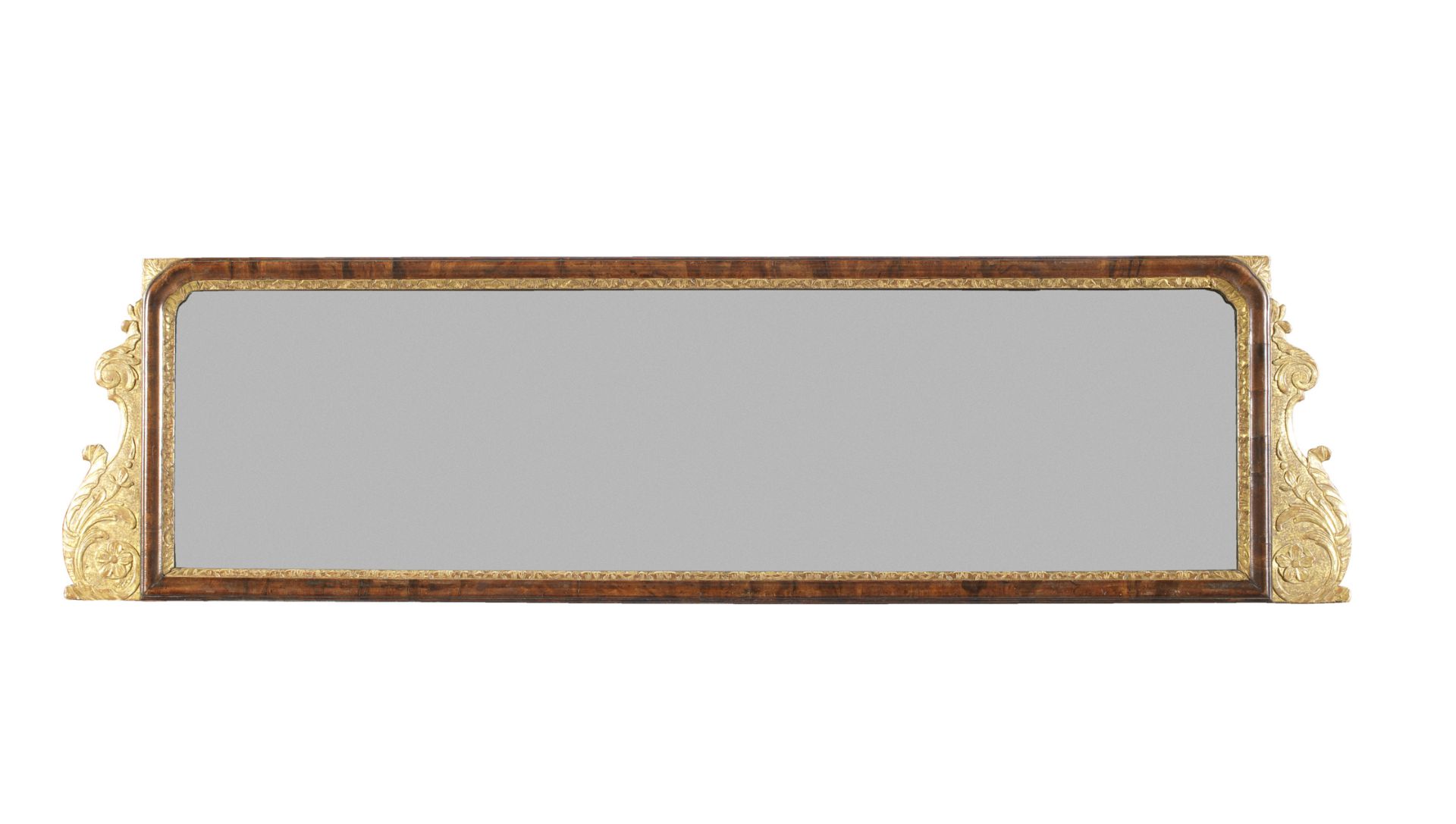 A George II walnut, parcel gilt and gilt gesso triple-plate overmantel landscape mirror