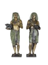 After Emile Louis Picault (French, 1833-1915): A pair of large green verdigris and patinated bro...