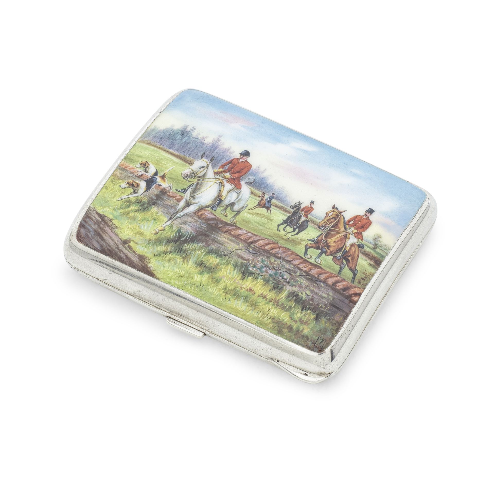 A silver and enamel hunting scene cigarette case incuse maker's mark RF, with import marks for L...