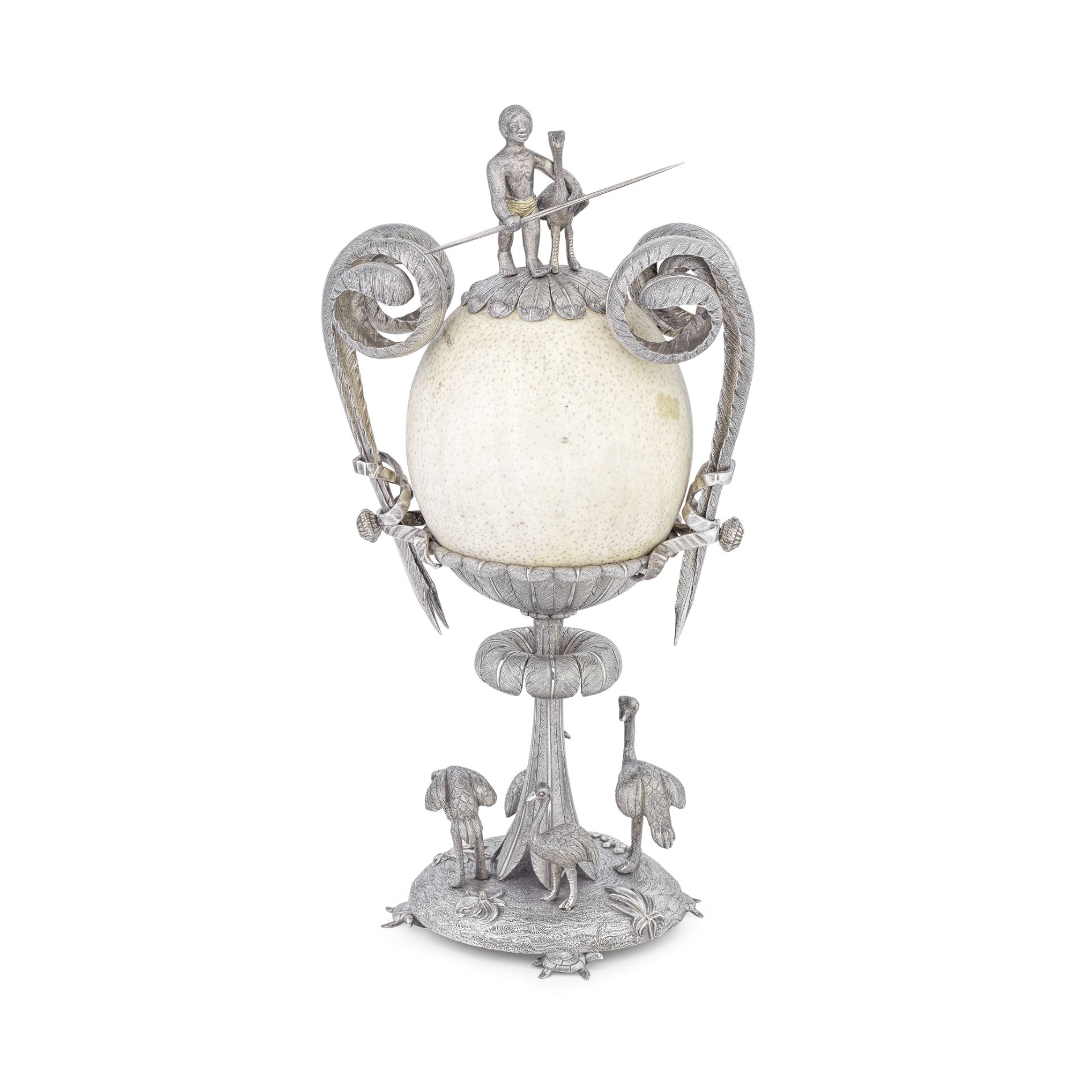 A silver plated mounted ostrich egg two-handled ornament / trophy late 19th century, probably A...