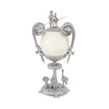 A silver plated mounted ostrich egg two-handled ornament / trophy late 19th century, probably A...