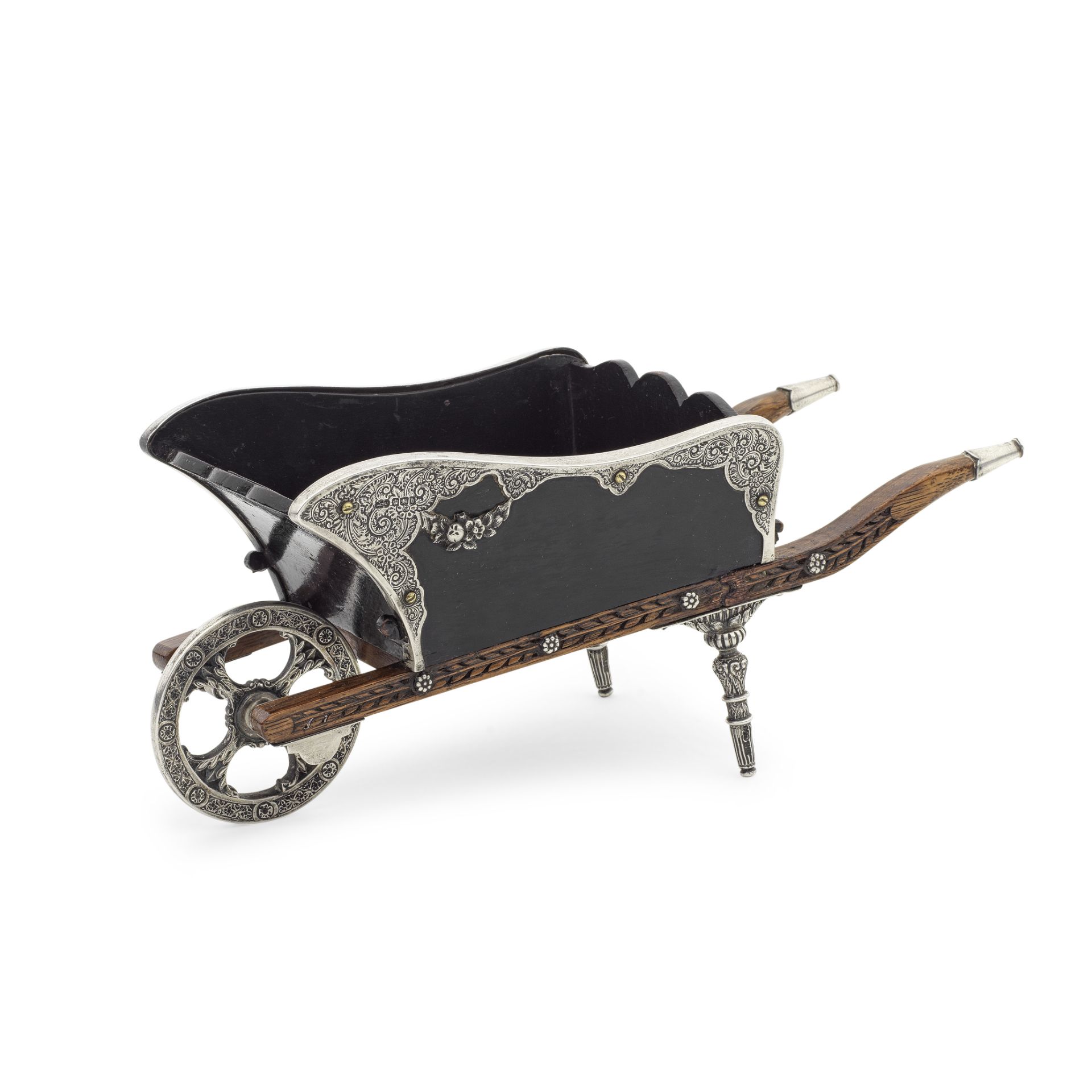 A Victorian presentation silver-mounted oak wheelbarrow Elkington & Co Ltd, Sheffield 1900