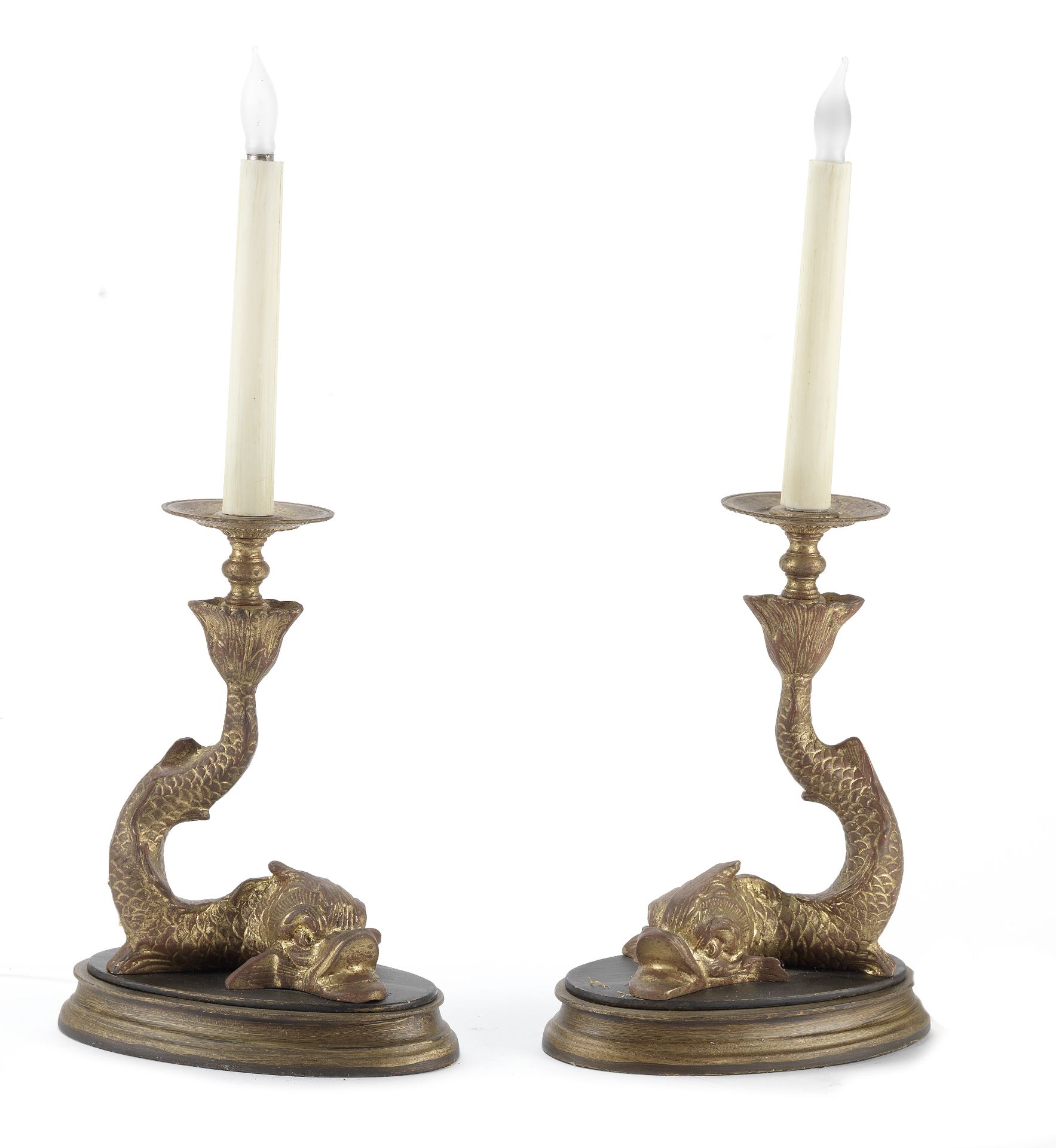 A pair of gilt bronze dolphin form lustre candlesticks in the 19th century style (2)