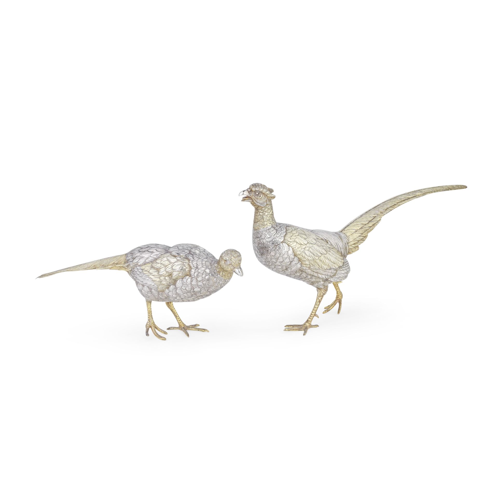 A pair of parcel-gilt pheasant table ornaments Continental, 20th century, incuse stamped 925 and...