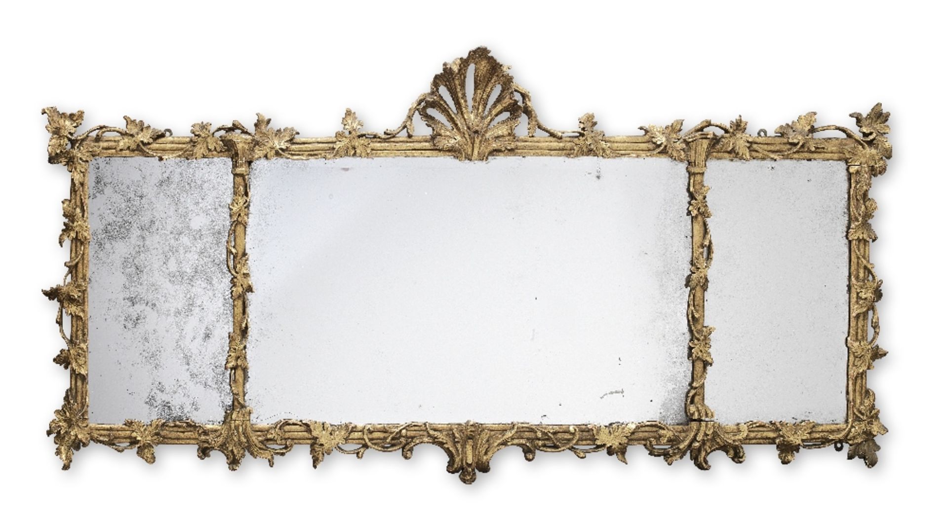 A second quarter 19th century giltwood triple-plate overmantel landscape mirror in the George II...