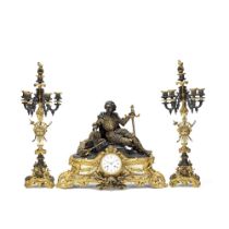 A good mid 19th century French gilt and patinated bronze and marble historicism figural clock ga...