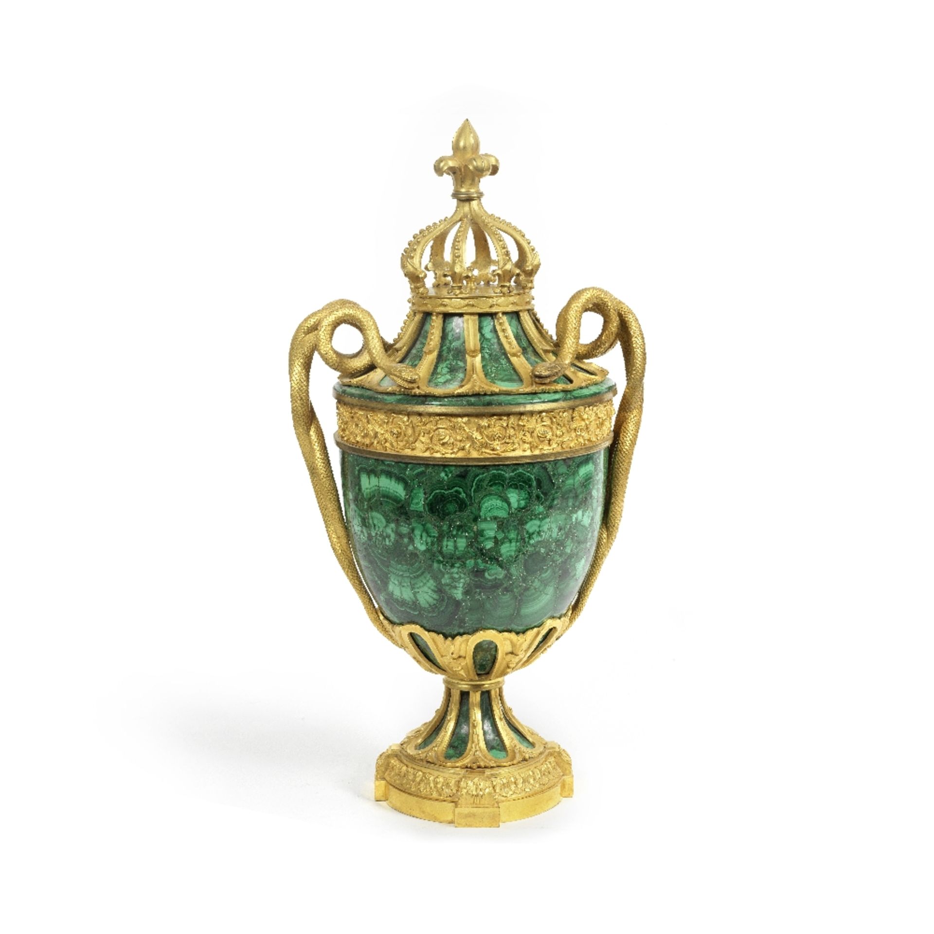 An impressive gilt bronze and malachite clad twin serpent handled Imperial style pedestal vase p...