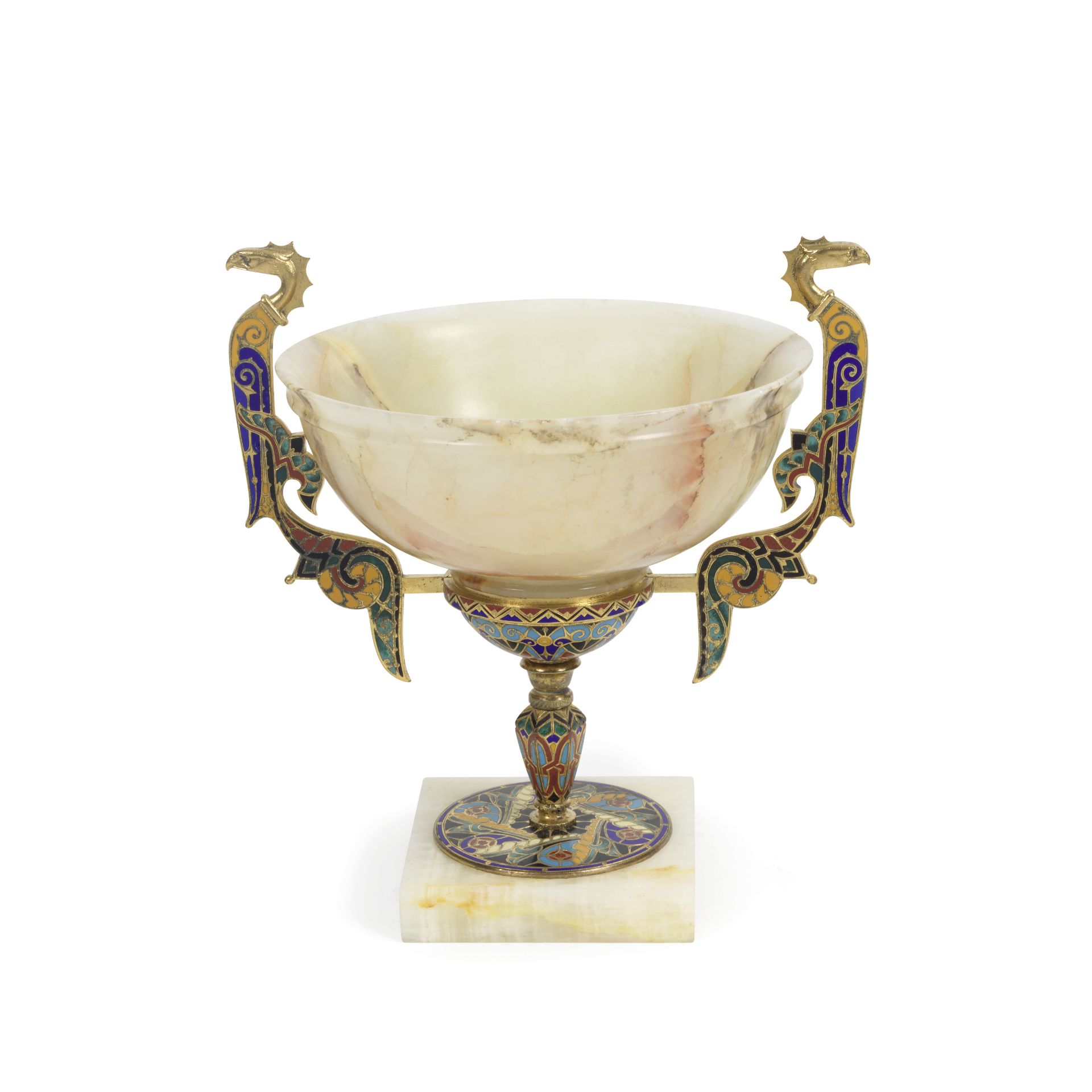 A late 19th century French gilt bronze, champlev&#233; enamel and onyx tazza in the manner of F...