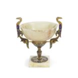 A late 19th century French gilt bronze, champlev&#233; enamel and onyx tazza in the manner of F...