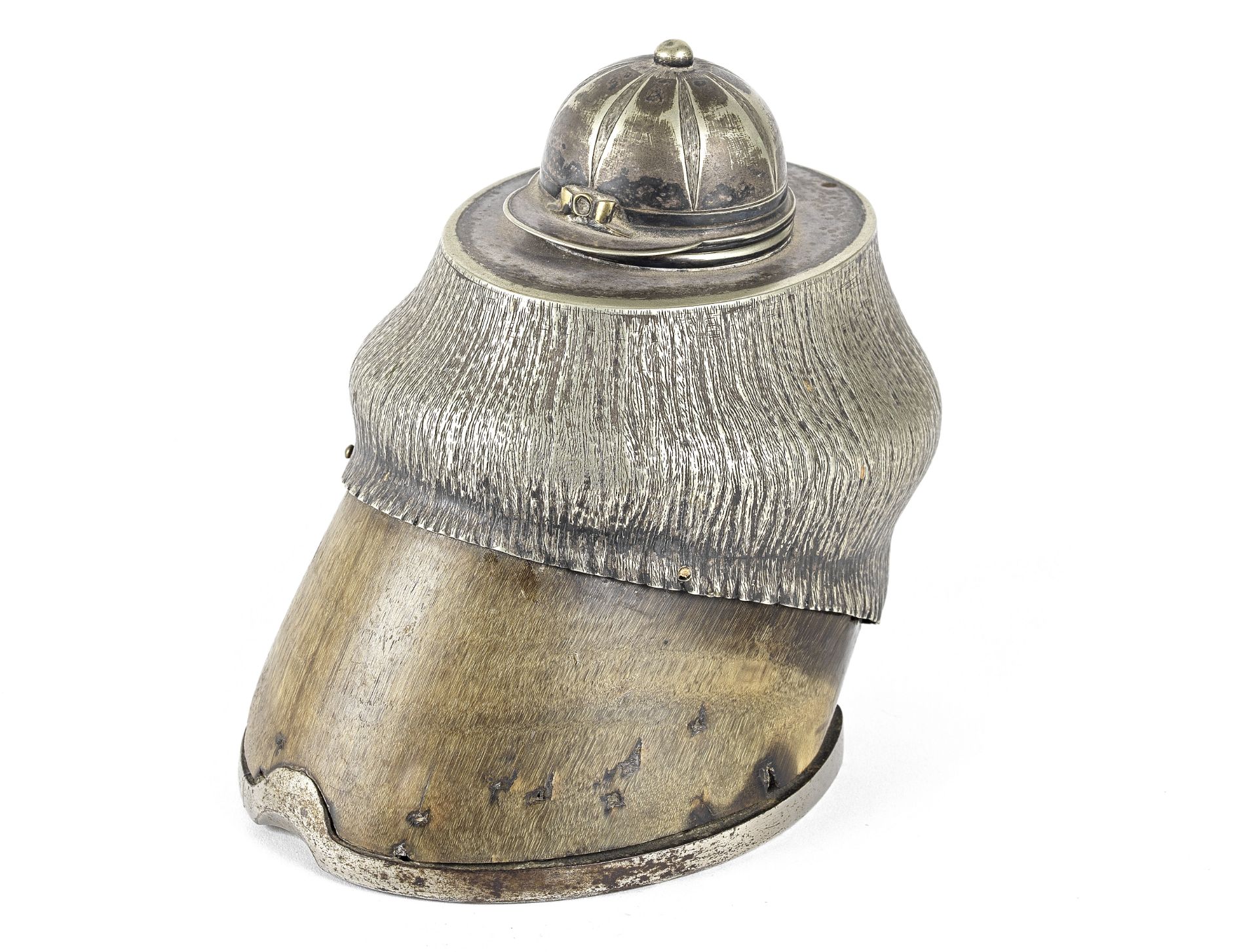 Of Racing interest: A late Victorian electroplated mounted novelty horse's hoof and jockey's cap...