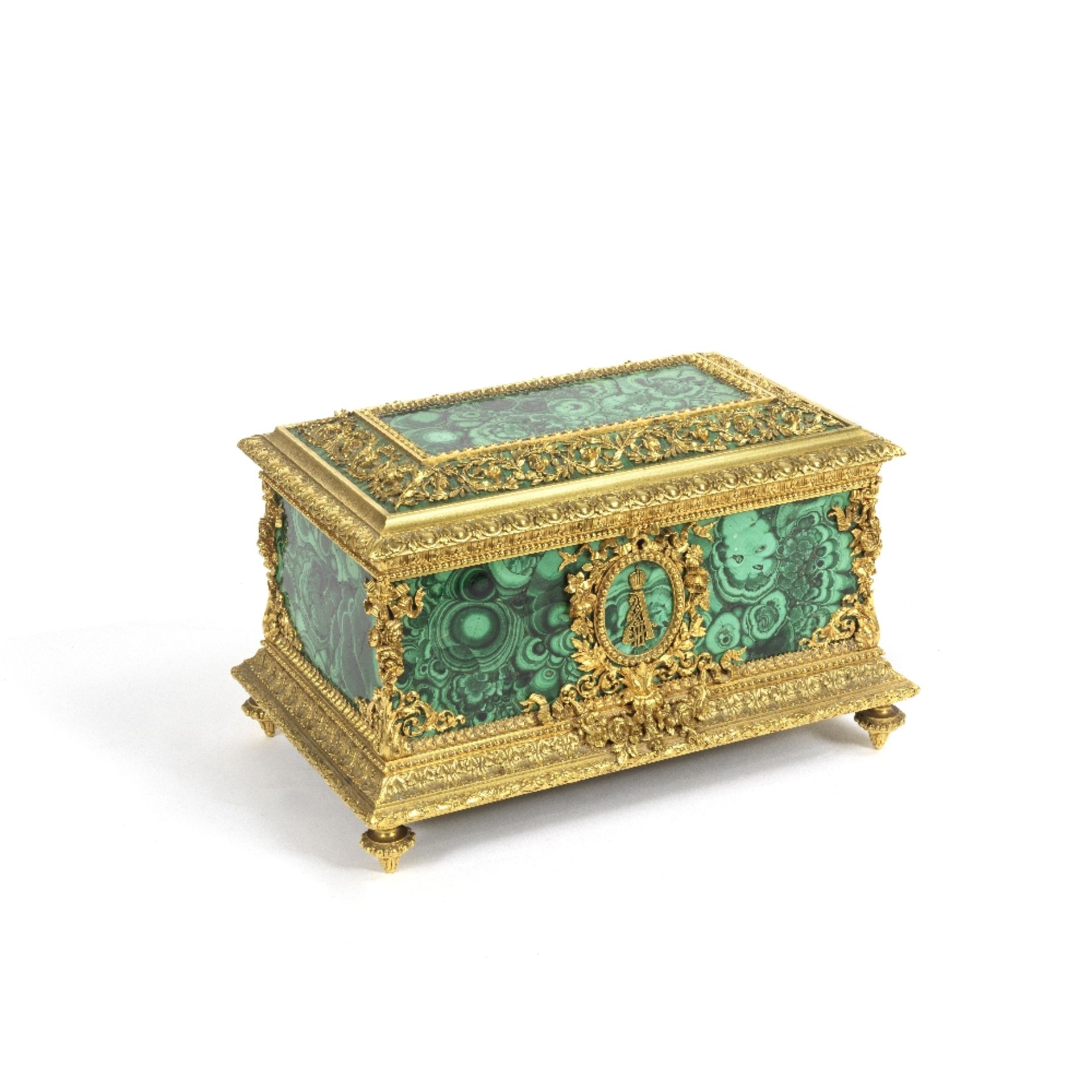 An impressive gilt bronze mounted and malachite clad jewellery casket probably Russian, late 19t...