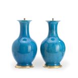 A pair of Chinese turquoise glazed porcelain baluster vase table lamp bases the vases probably l...